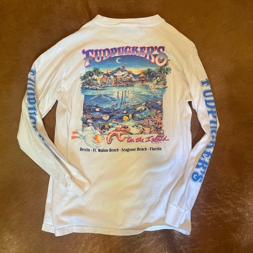 Fudpuckers on the island 1993 cotton white graphic globe tee with beach scape - Picture 2 of 7